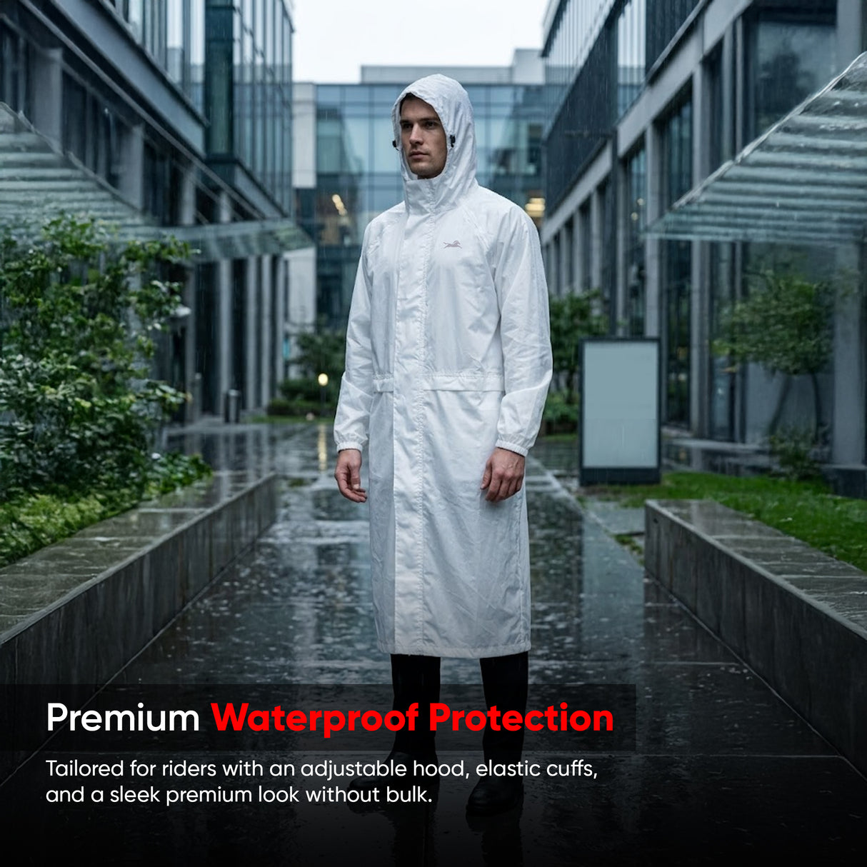 TVS Long Riding Raincoat for Men & Women – Waterproof PU Coated Fabric, Reflective Back & Elasticated Sleeves | Color: White