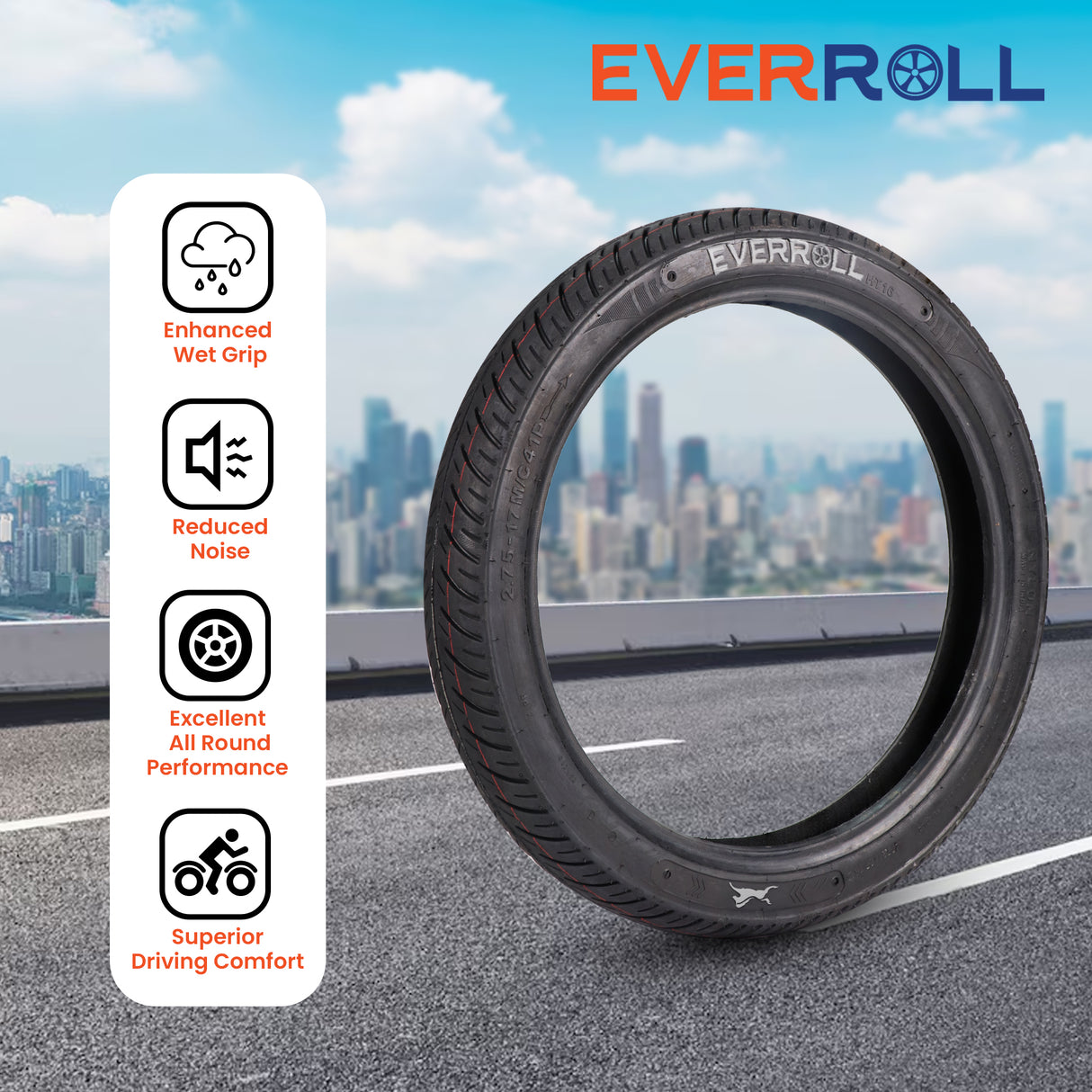 EverRoll Front Tubeless Nylon Tyre - 2.75-17 TL | Vehicle Compatibility - TVS Sport, Star City, 125, VictorGX 110