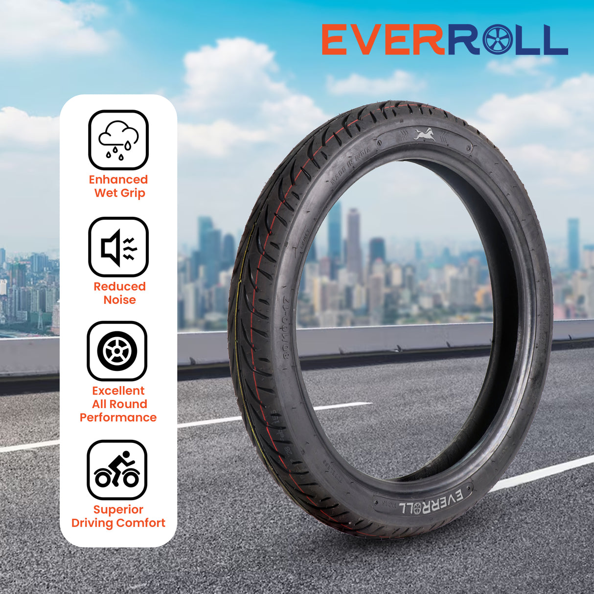 EverRoll Front Tubeless Nylon Tyre - 80/100-17 TL PM MC15 | Vehicle Compatibility - TVS Star City, City 125