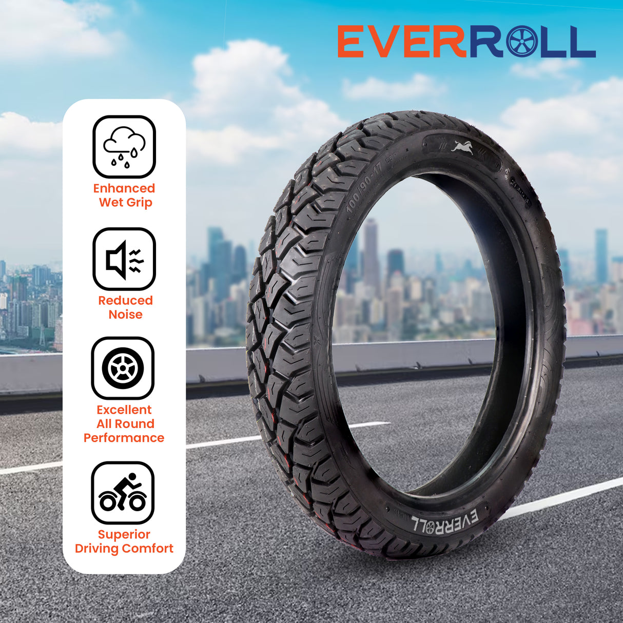 EverRoll Rear Tubeless Nylon Tyre - 100/90-17 TL PM MC16 | Vehicle Compatibility - TVS Flame DS 125, TVS Raider