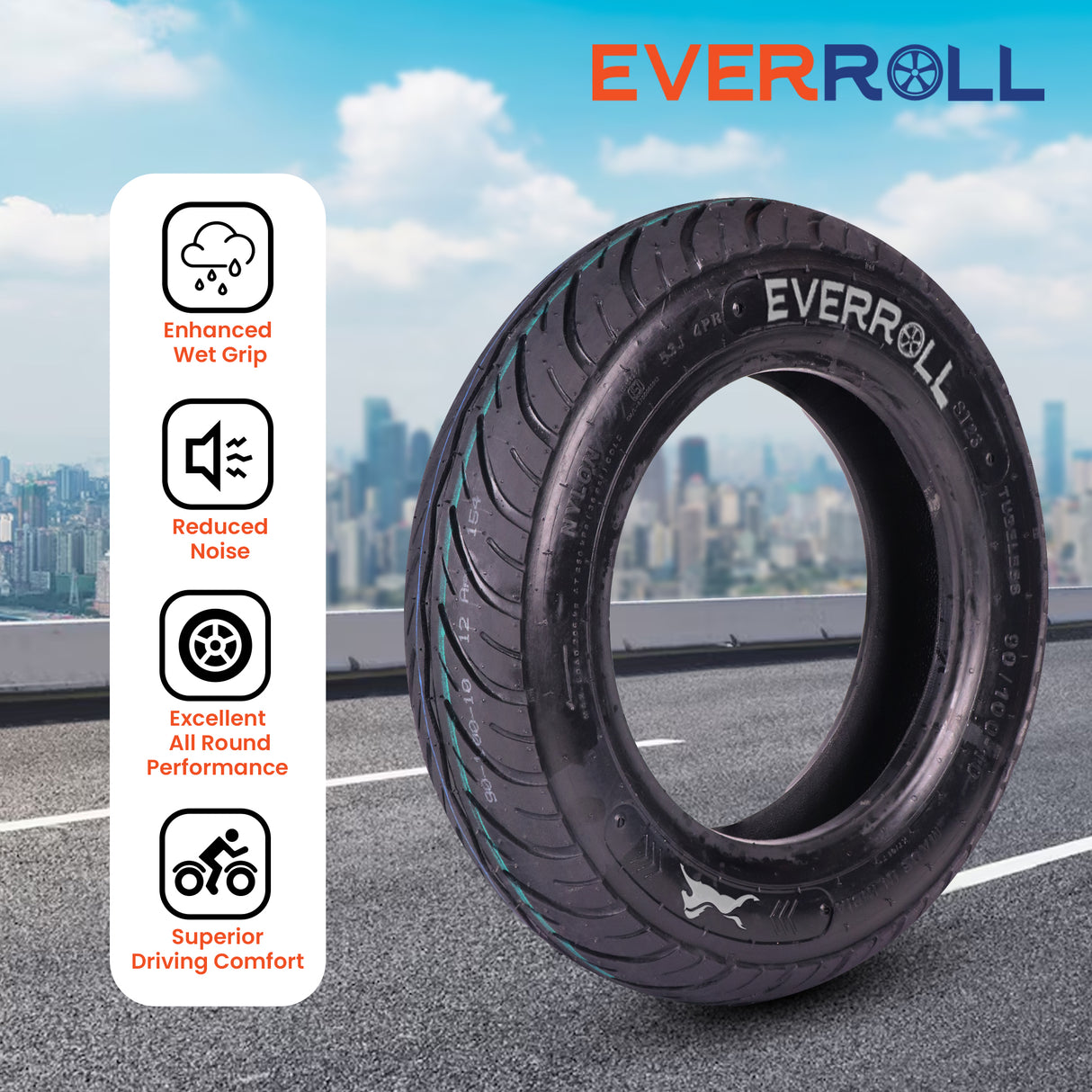EverRoll Front and Rear Nylon Tubeless Tyre - 90/100-10 TL PM ST23 | Vehicle Compatibility - TVS Scooty Zest 110