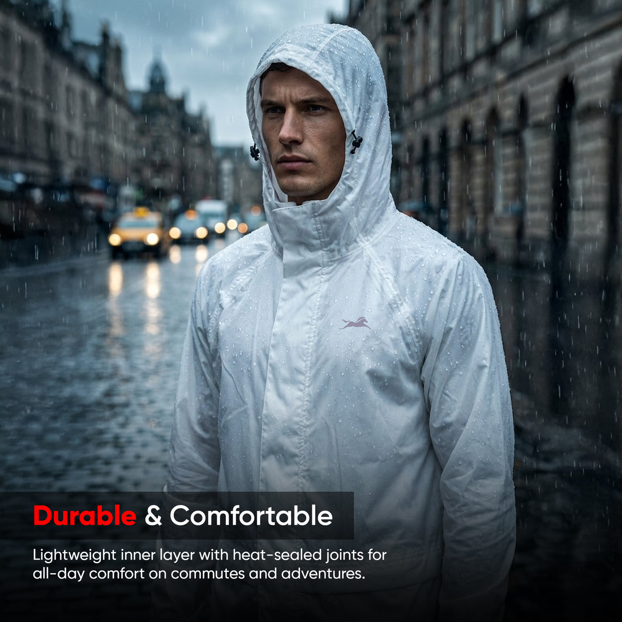 TVS Long Riding Raincoat for Men & Women – Waterproof PU Coated Fabric, Reflective Back & Elasticated Sleeves | Color: White