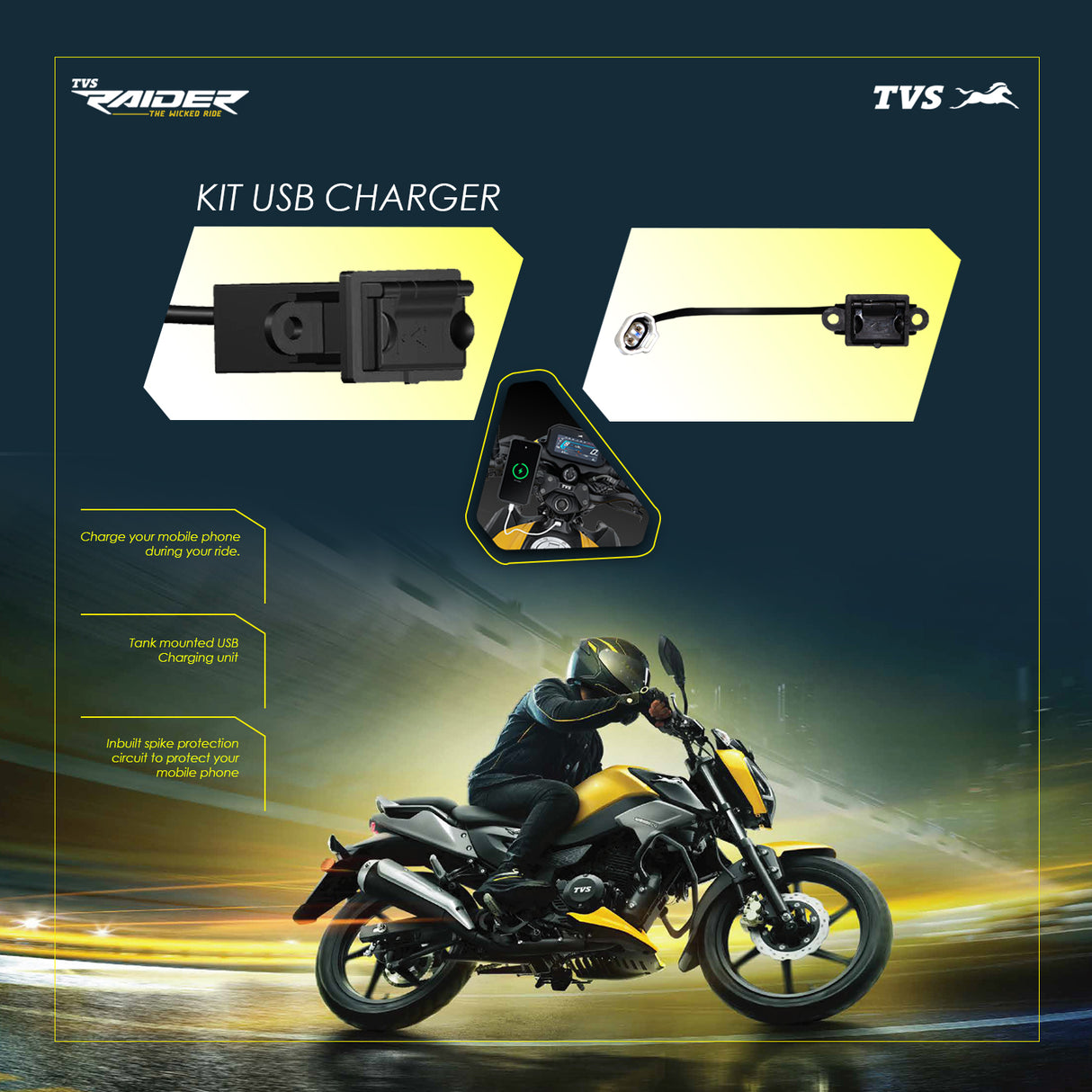 TVS Raider USB Mobile Charger Kit – Waterproof, Shockproof & High-Speed Charging