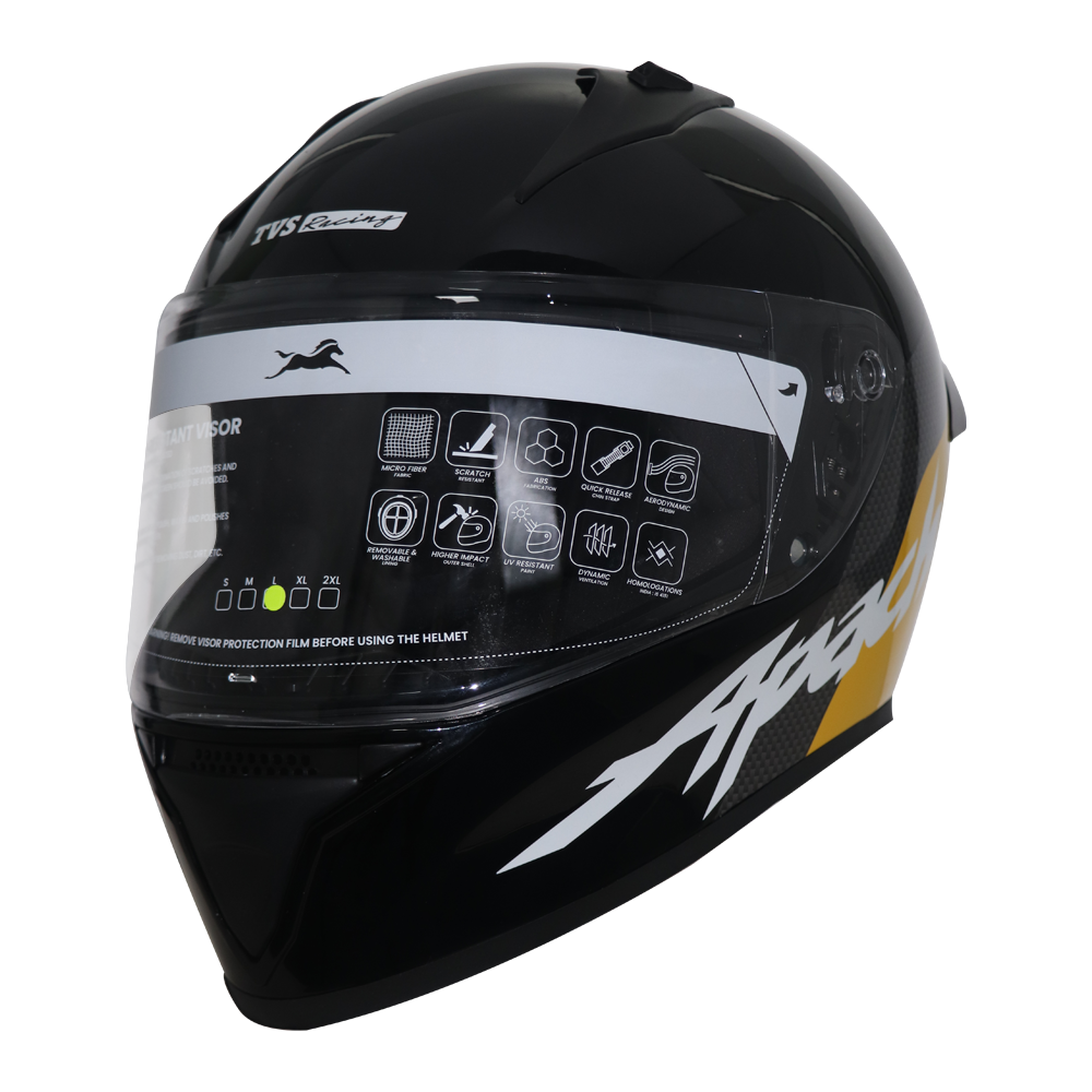 TVS Apache Full Face Helmet - Black with Yellow Strip | Premium Safety & Style