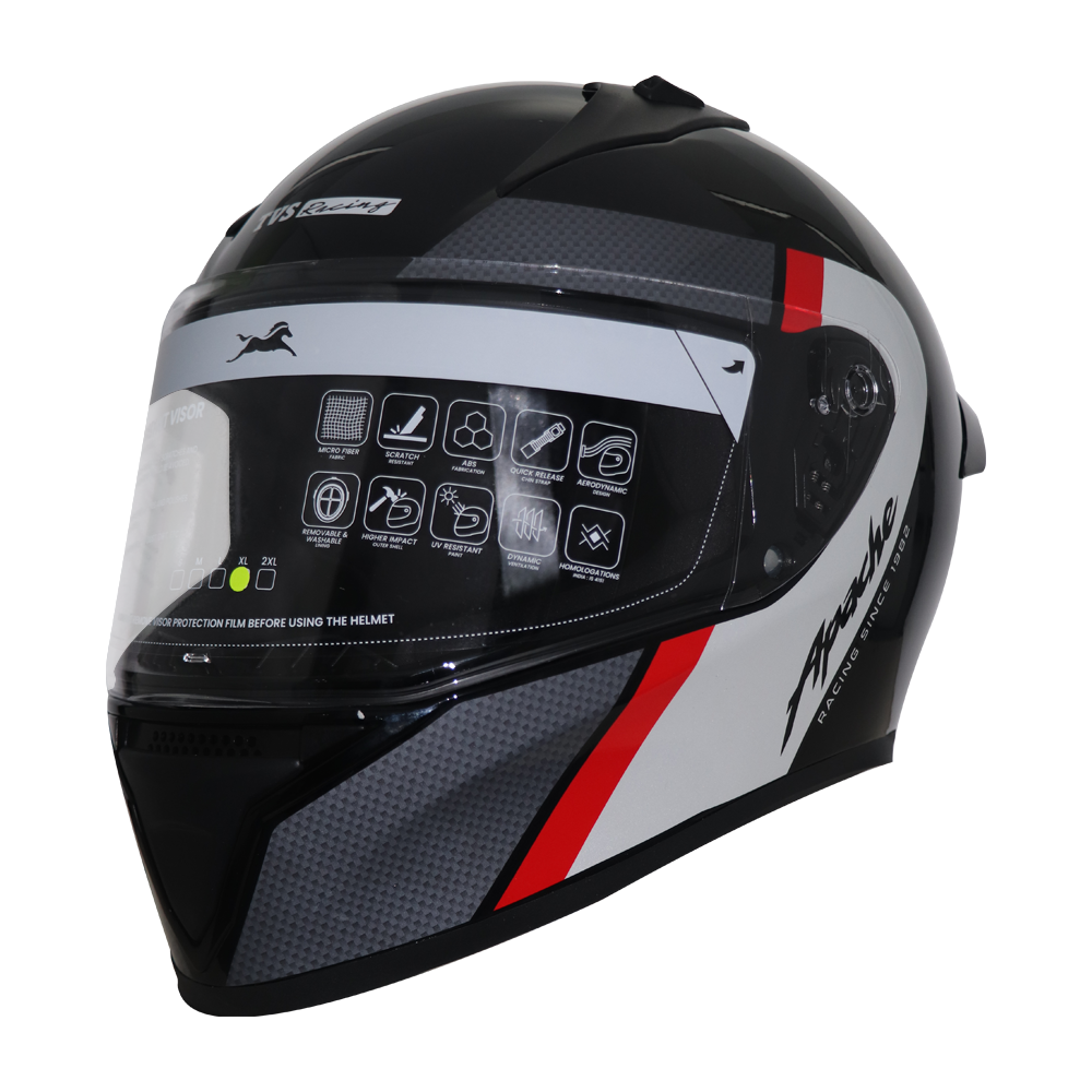 TVS Apache Full Face Helmet - Black, Red & White Strip | Premium Safety & Style