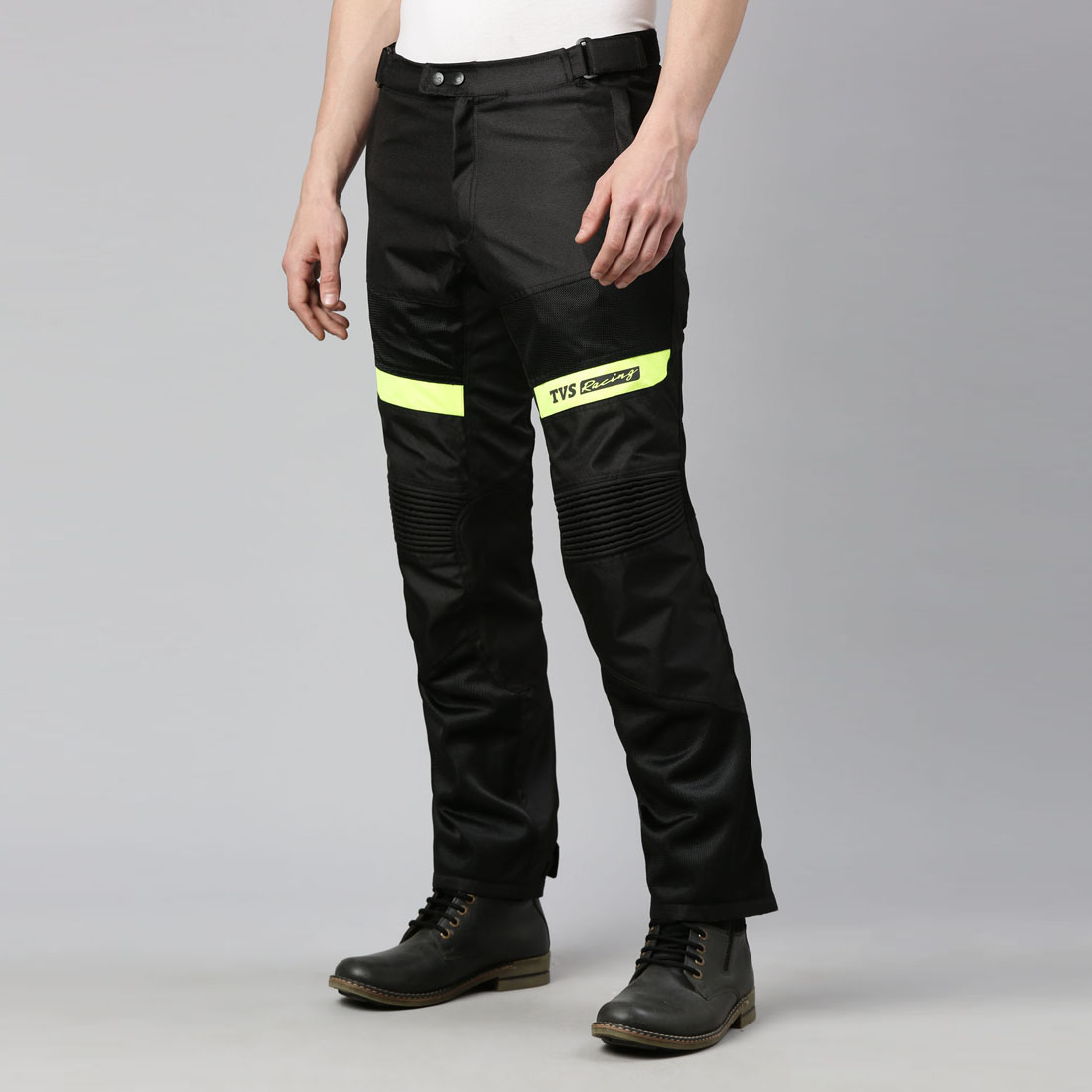 TVS Racing Riding Pant for Men – CE Level 2 Knee Armor, High Abrasion Resistance, Adjustable Fit & Reflective Safety (Black/Neon)