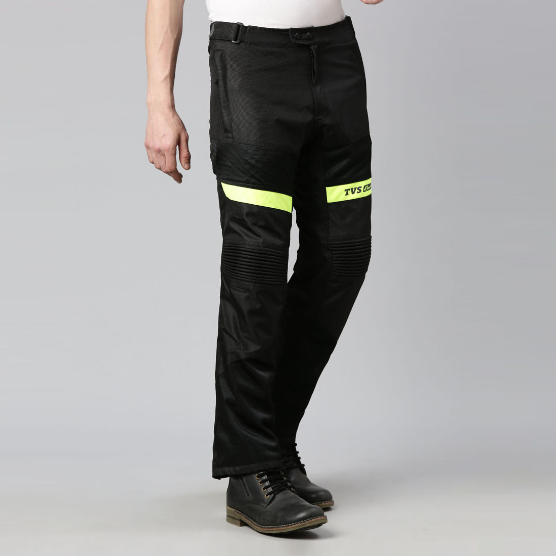 TVS Racing Riding Pant for Men – CE Level 2 Knee Armor, High Abrasion Resistance, Adjustable Fit & Reflective Safety (Black/Neon)