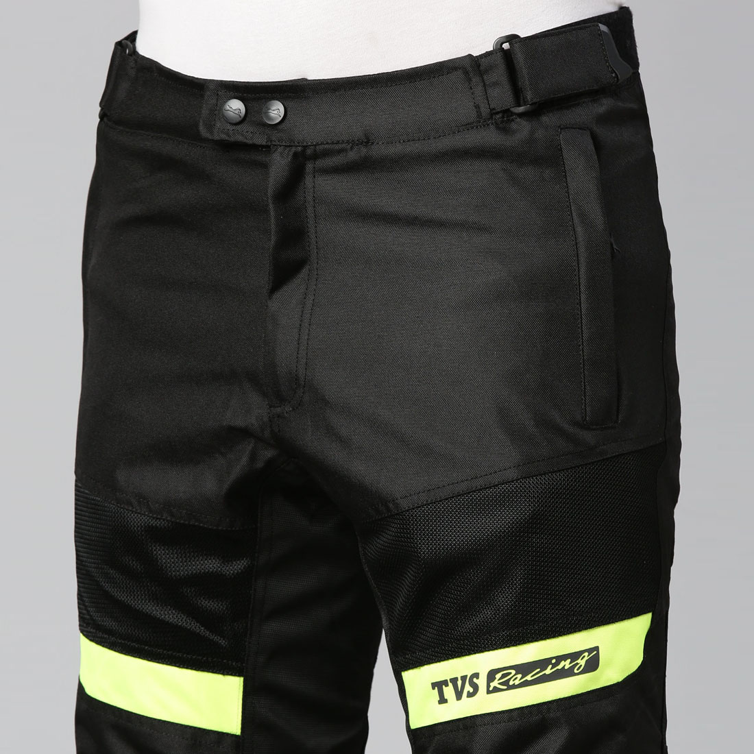 TVS Racing Riding Pant for Men – CE Level 2 Knee Armor, High Abrasion Resistance, Adjustable Fit & Reflective Safety (Black/Neon)