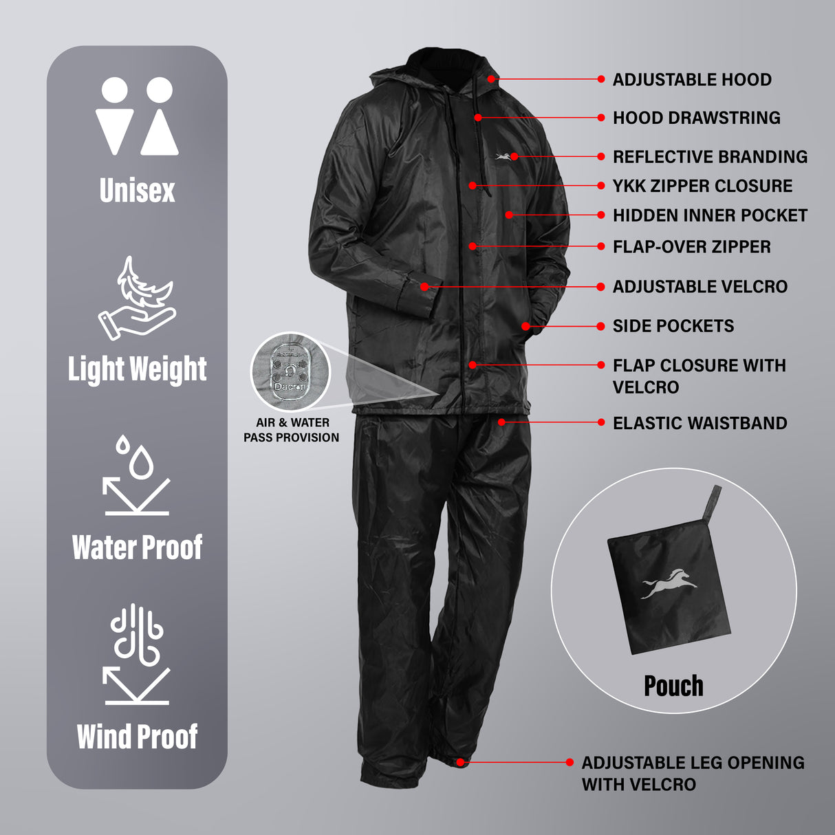 TVS Double Layer Polyester Raincoat with Pant and Adjustable Drawcord for Hoodie