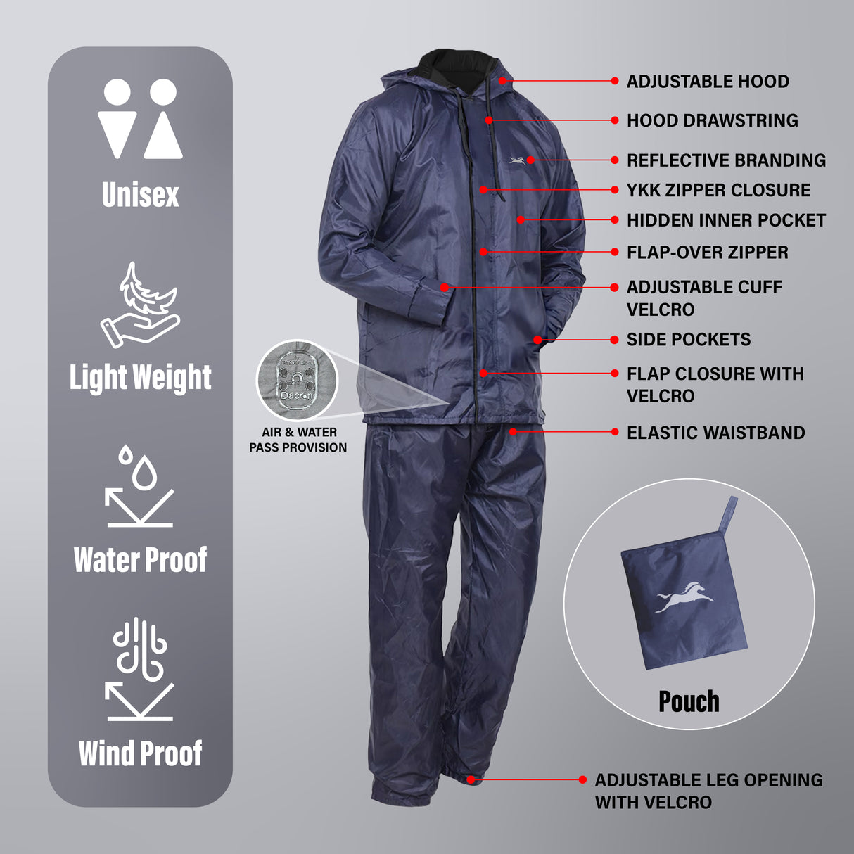 TVS Double Layer Polyester Raincoat with Pant and Adjustable Drawcord for Hoodie