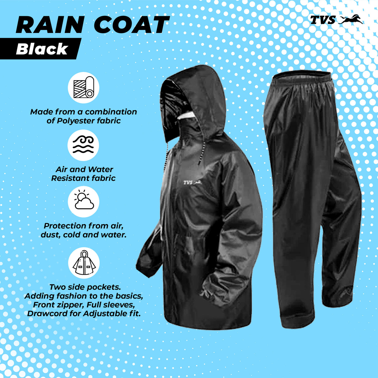 TVS Rain Coat, Color Black- Stay Dry and Stylish in Any Weather