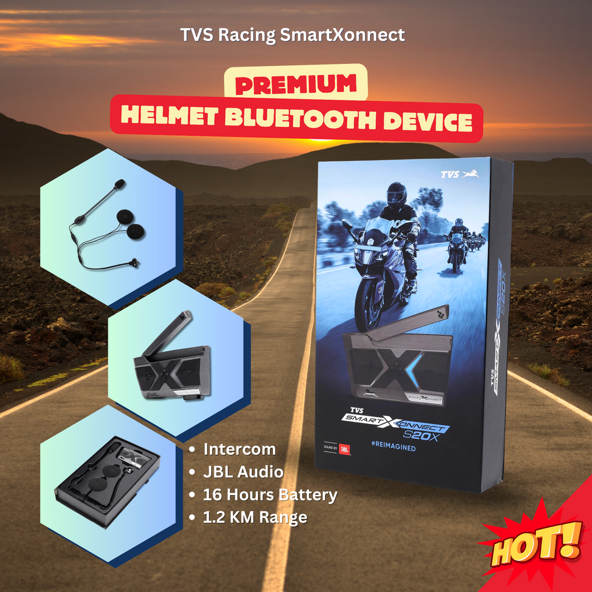 TVS Racing SmartXonnect S20X | Premium Helmet Bluetooth Device with Intercom, JBL HD Sound, & 1.2 Km Range