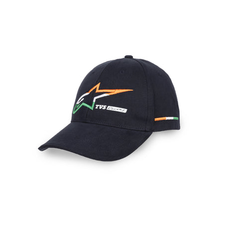 TVS Racing x Alpinestars Cap – 100% Cotton Twill, Breathable & Skin-Friendly Fabric, 6-Panel Design, Adjustable Metal Buckle Closure, Flexible Peak for Sunshade, and Embroidered Branding