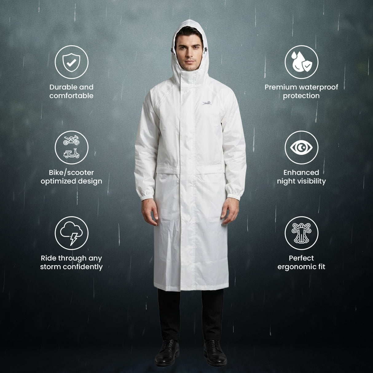 TVS Long Riding Raincoat for Men & Women – Waterproof PU Coated Fabric, Reflective Back & Elasticated Sleeves | Color: White