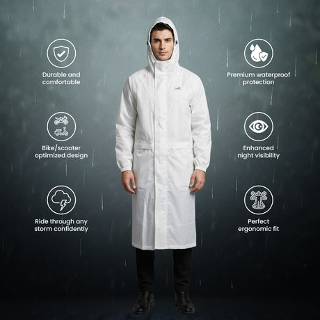 TVS Long Riding Raincoat for Men & Women – Waterproof PU Coated Fabric, Reflective Back & Elasticated Sleeves | Color: White
