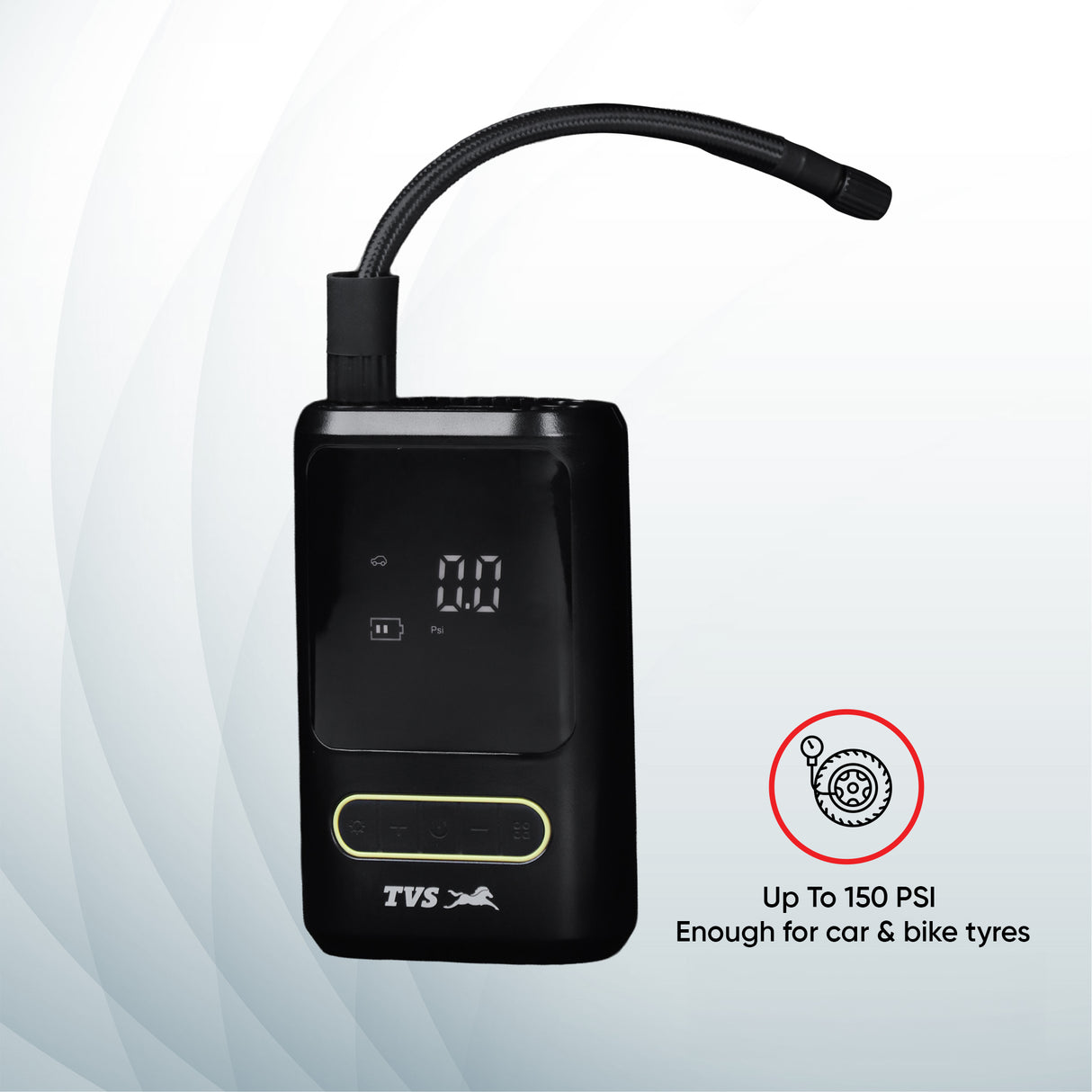 TVS Portable Tyre Air Inflator 150 PSI – Digital Meter, LED Light, Multi-Nozzle, Multi-Mode, Rechargeable 2000*2 mAh Battery Air Pump for Car, Bike & Bicycle