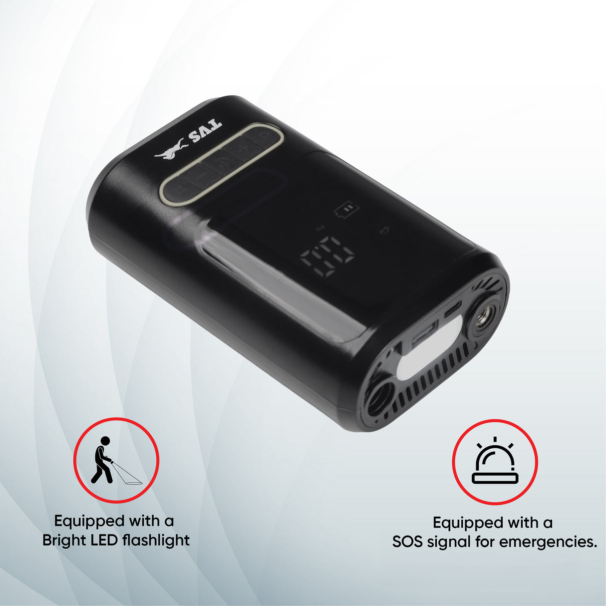 TVS Portable Tyre Air Inflator 150 PSI – Digital Meter, LED Light, Multi-Nozzle, Multi-Mode, Rechargeable 2000*2 mAh Battery Air Pump for Car, Bike & Bicycle