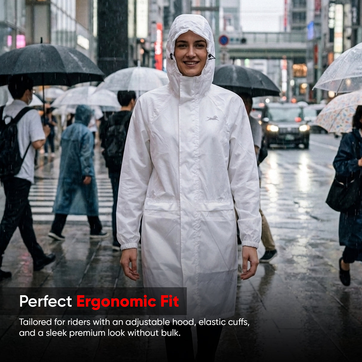 TVS Long Riding Raincoat for Men & Women – Waterproof PU Coated Fabric, Reflective Back & Elasticated Sleeves | Color: White