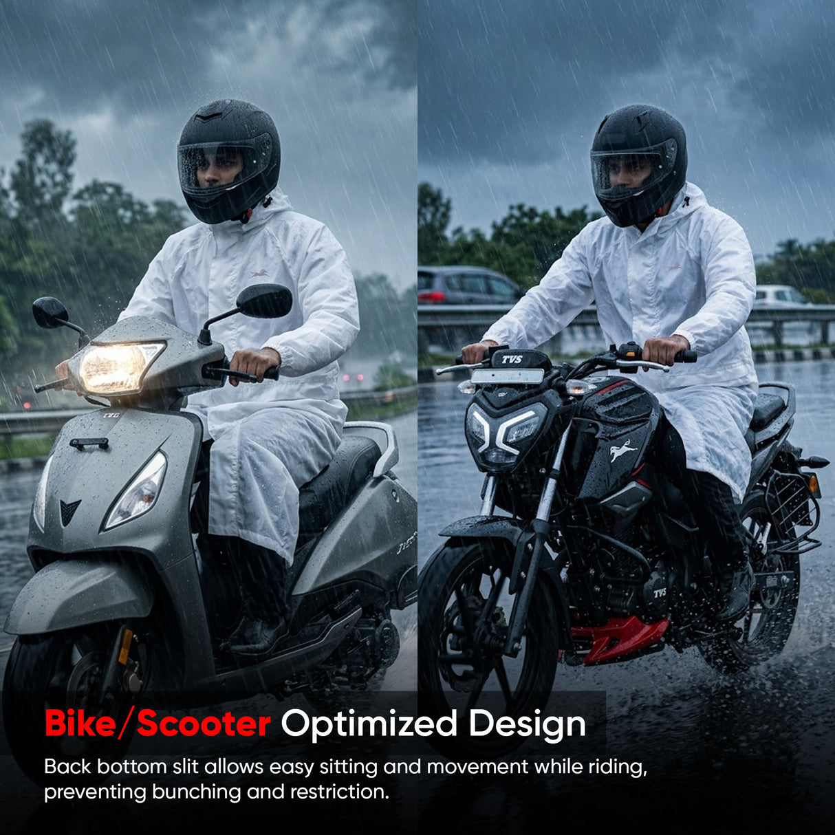 TVS Long Riding Raincoat for Men & Women – Waterproof PU Coated Fabric, Reflective Back & Elasticated Sleeves | Color: White