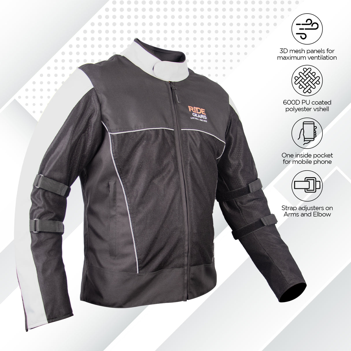 Ride Gears Ventilated Mesh Riding Jacket with CE Level 2 Impact Protection – 600D PU Coated Polyester