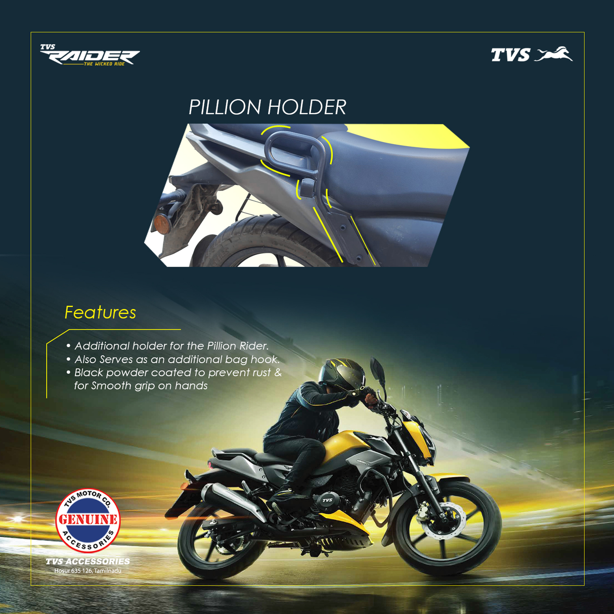 TVS Pillion Holder for RAIDER – Secure & Comfortable Support for Passengers