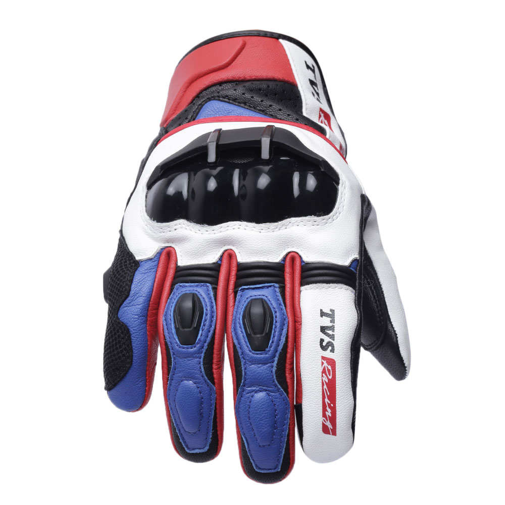 TVS Racing Race Riding Gloves for Men | Thermo-Plastic Rubber Protection, Touch Screen Compatible, Visor Wiper (White & Blue)