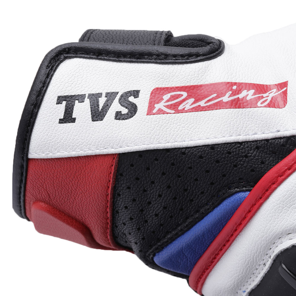 TVS Racing Race Riding Gloves for Men | Thermo-Plastic Rubber Protection, Touch Screen Compatible, Visor Wiper (White & Blue)